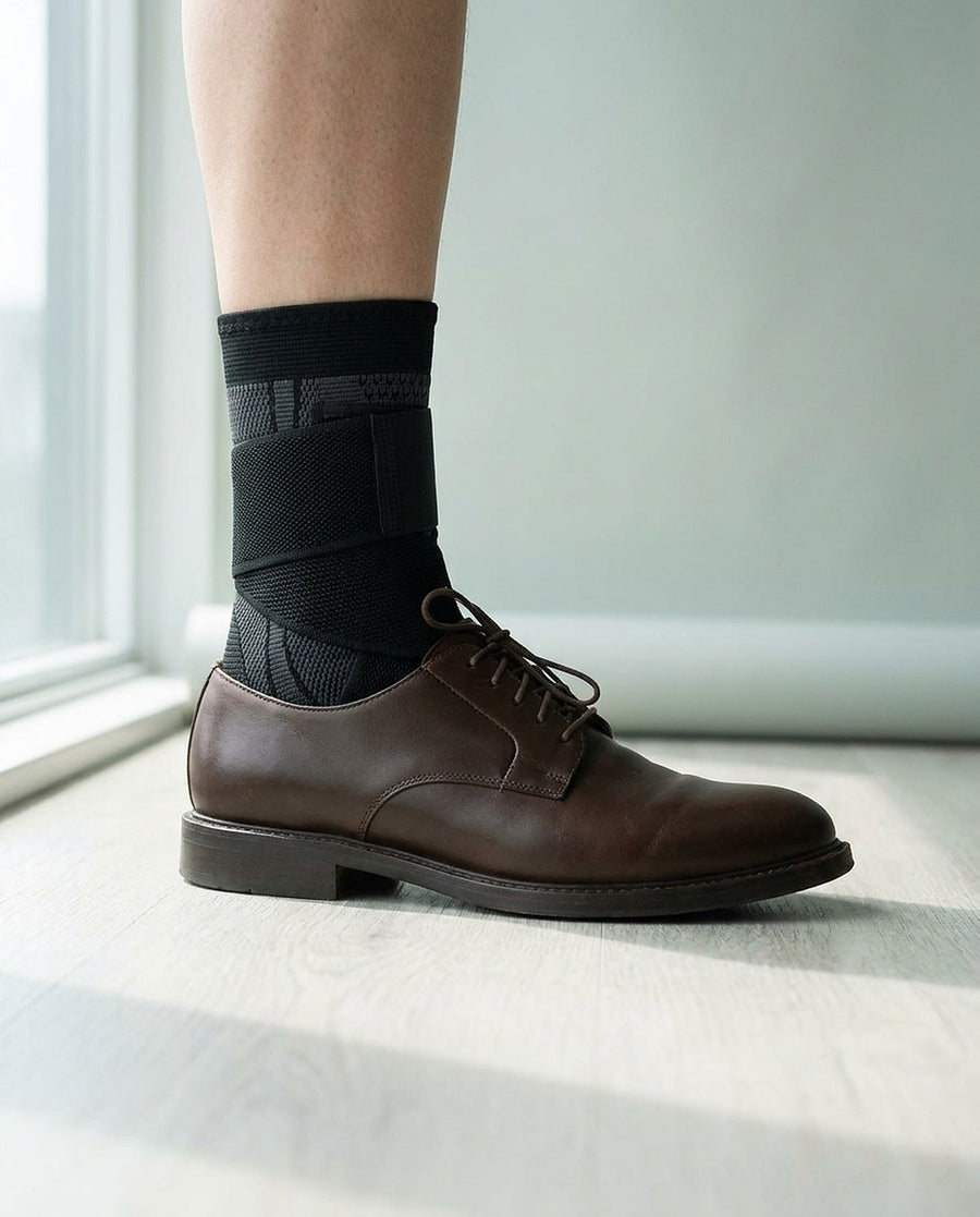 A foot wearing the sleeve inside a leather derby shoe, which closes normally.