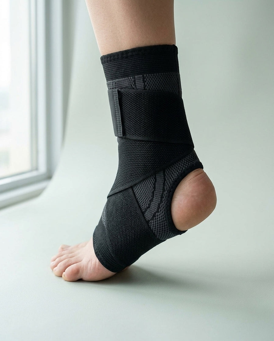 The sleeve worn, seen from behind, showing the open heel and the open toe.
