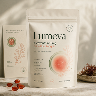 Lumeva Astaxanthin 12mg pouch with coral-red softgels and H. pluvialis specimen card