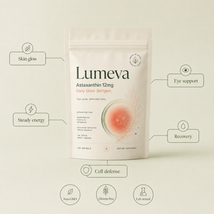 Lumeva pouch with benefit callouts: skin glow, steady energy, eye support, recovery, cell defense