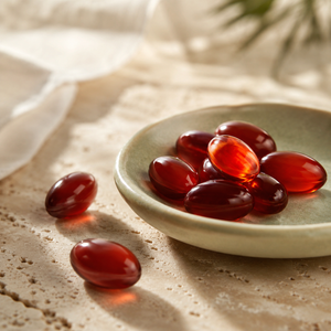 Coral-red astaxanthin softgels on a sage ceramic dish