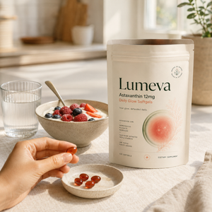 Lumeva pouch on a breakfast table with yogurt bowl and a hand holding one softgel