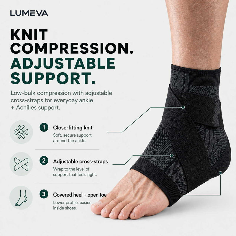Knit compression, adjustable support. Low-bulk compression with adjustable cross-straps: a close-fitting knit for soft, secure support around the ankle; cross-straps you wrap to the level of support that feels right; and a covered heel with an open toe for a lower profile inside shoes.