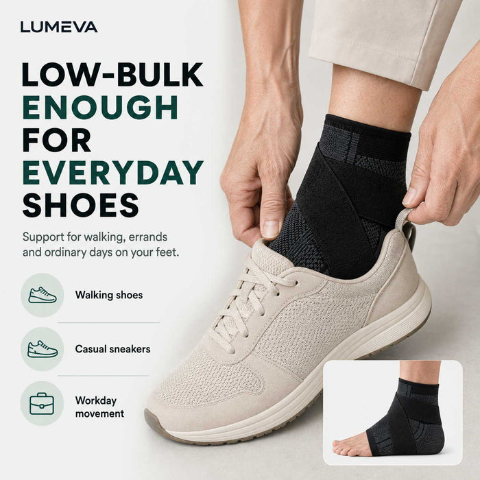 Low-bulk enough for everyday shoes. Support for walking, errands and ordinary days on your feet — walking shoes, casual sneakers and workday movement.
