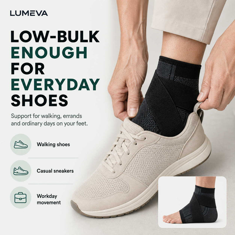 Low-bulk enough for everyday shoes. Support for walking, errands and ordinary days on your feet — walking shoes, casual sneakers and workday movement.