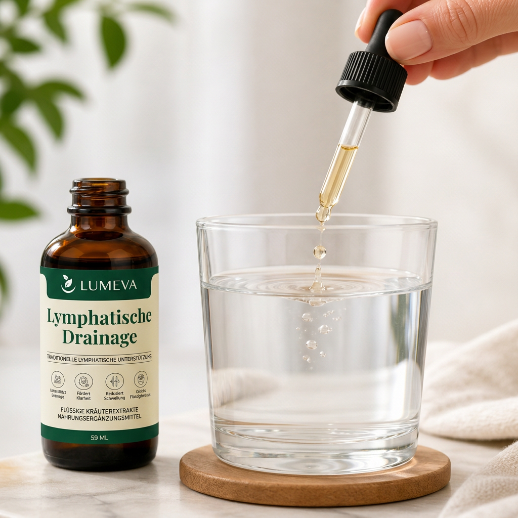 Lumeva Lymphdrainage-Tropfen werden mit der Pipette in ein Glas Wasser gegeben