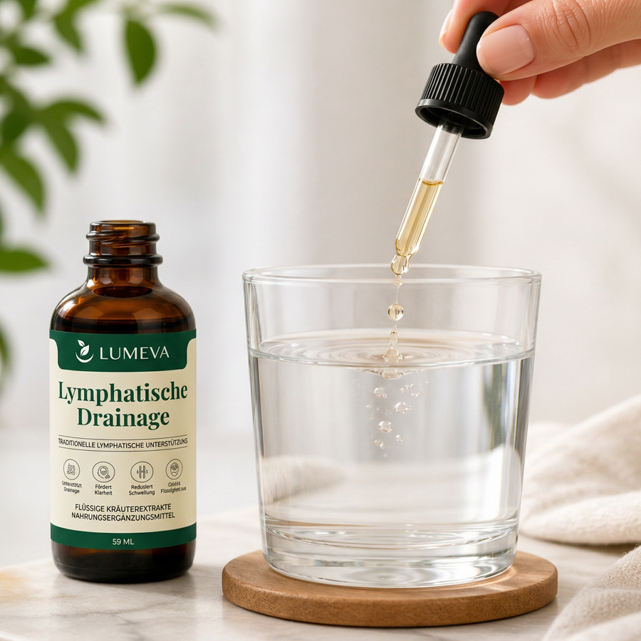 Lumeva Lymphdrainage-Tropfen werden mit der Pipette in ein Glas Wasser gegeben