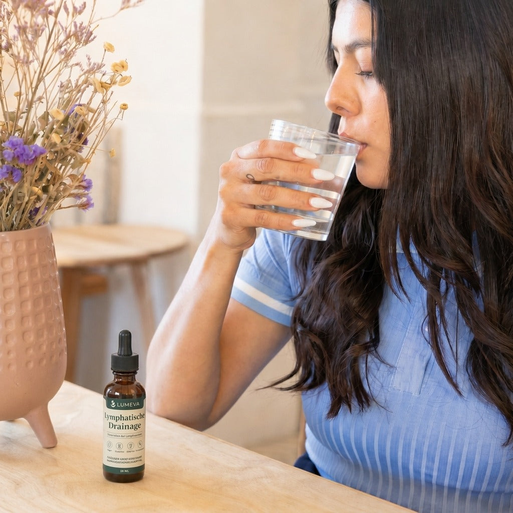 Frau in der Küche mit Lumeva Lymphdrainage-Tropfen