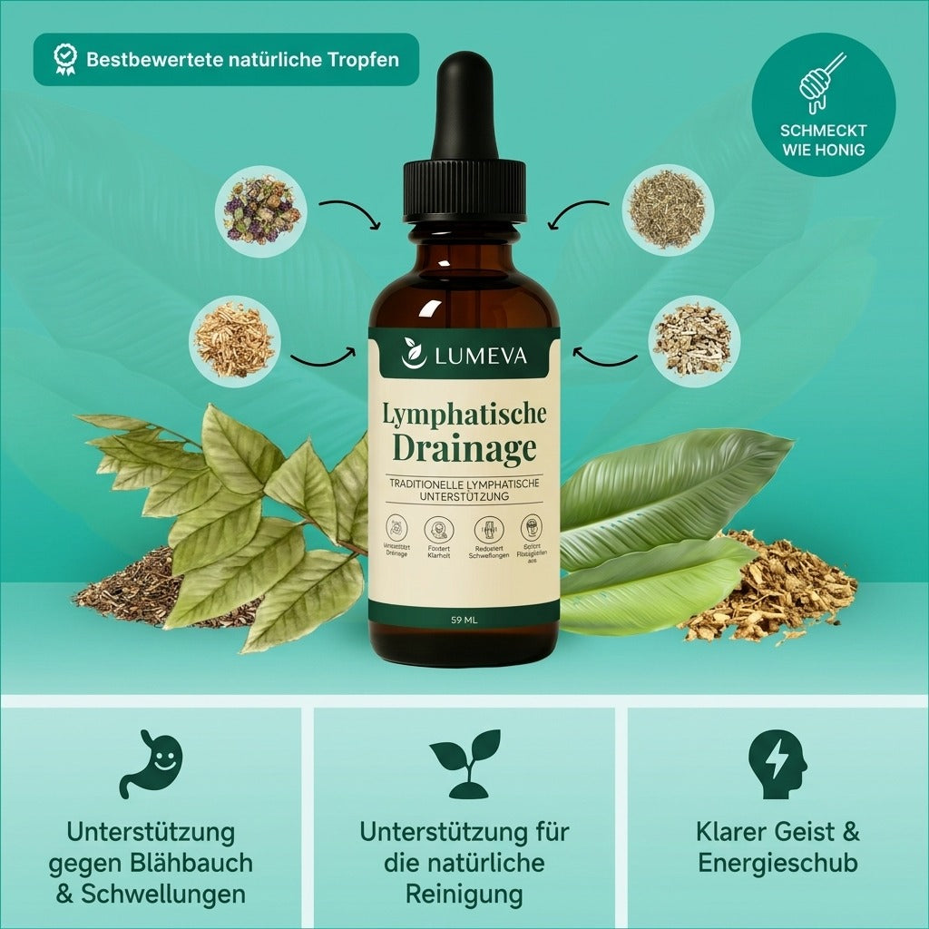 Lumeva Lymphdrainage-Tropfen – drei 59-ml-Flaschen auf einem Tisch
