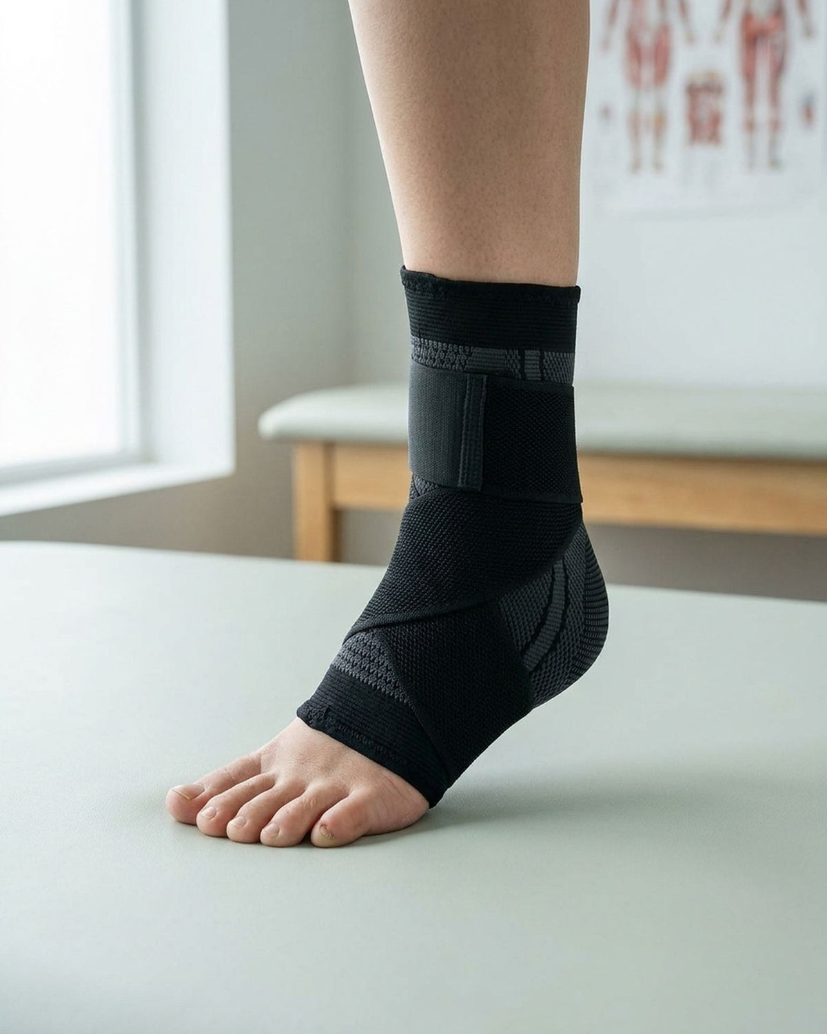 The Lumeva Foot Sleeve worn on a bare foot, seen from the front, with the adjustable strap fastened across the midfoot.